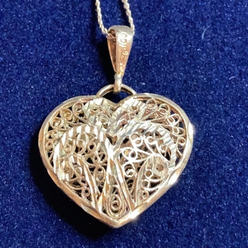 ODI Italy 925 sterling filigree diamond cut puff heart pendant w/sterling chain